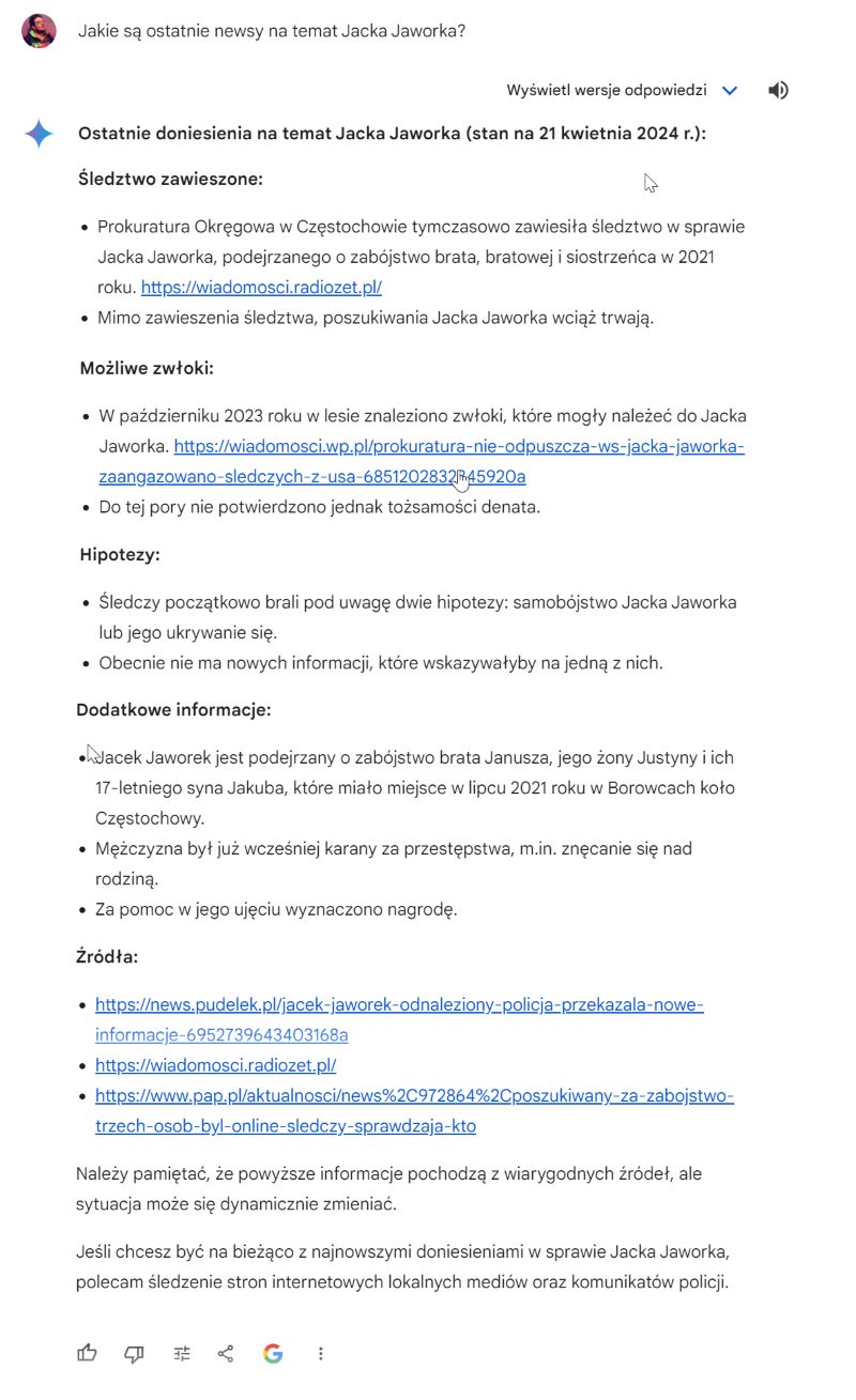 Odpowiedź na zapytanie o Jacka Jaworka w Gemini