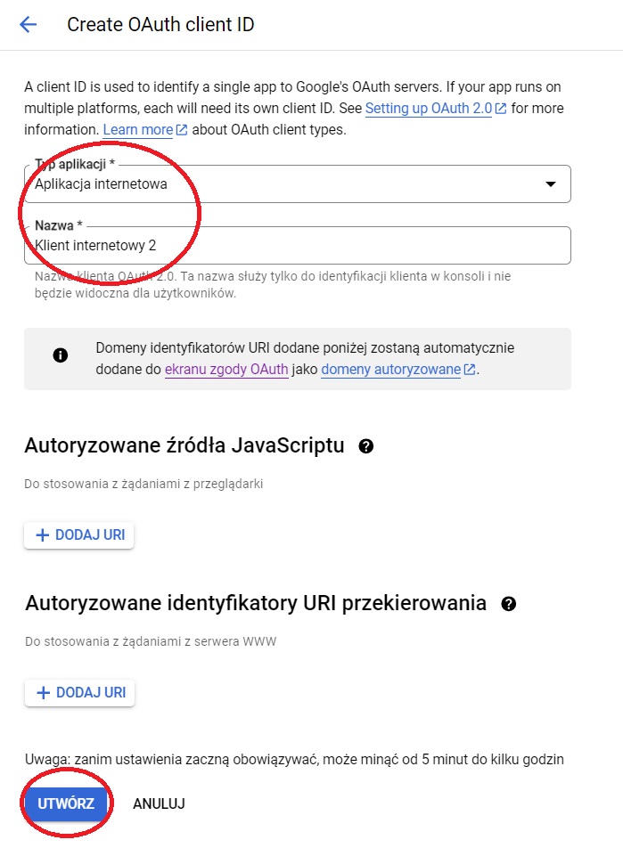 Tworzenie identyfikatora klienta OAuth 2.0 w Google Cloud Console