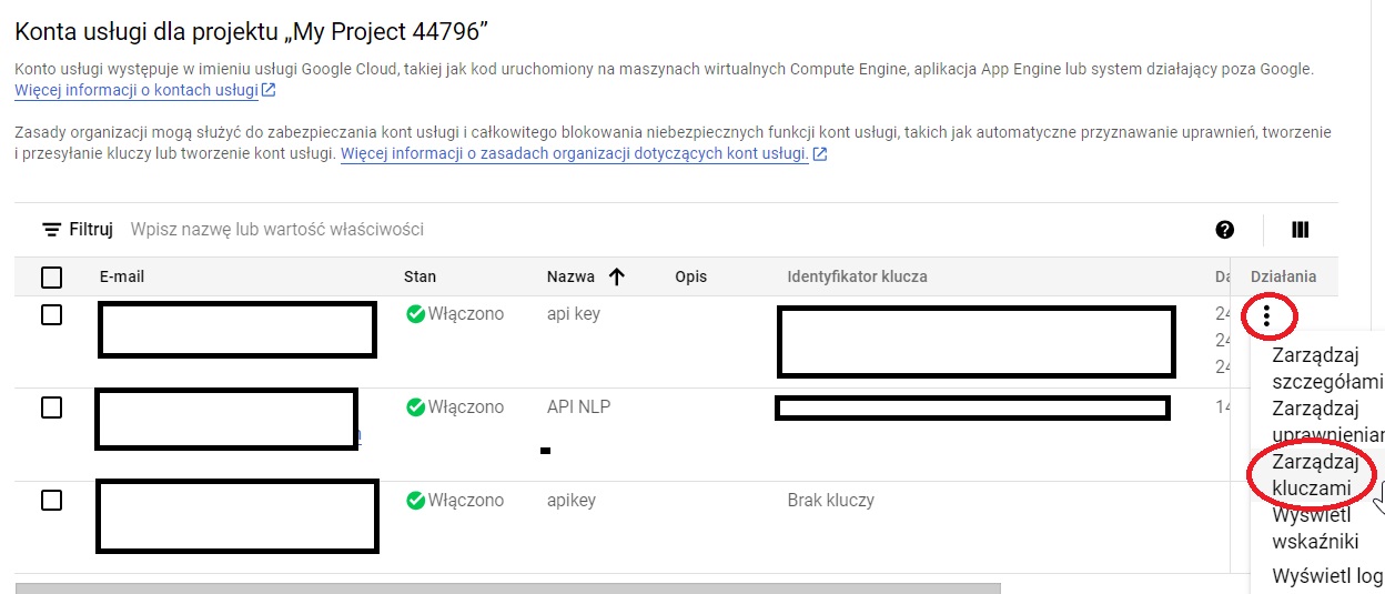 Zarządzanie kluczami konta usługi w Google Cloud Console