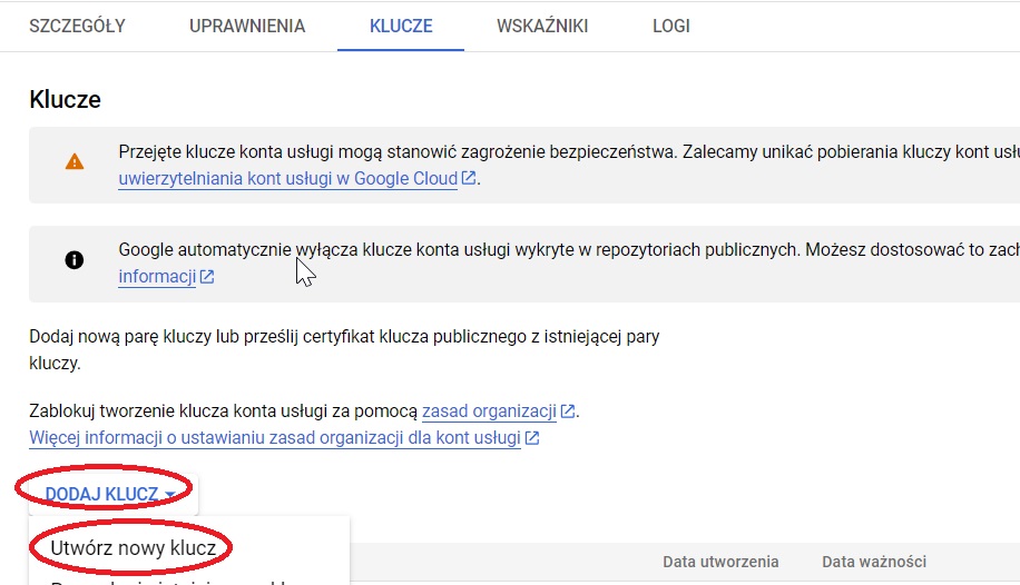 Tworzenie klucza JSON do autoryzacji w Google Cloud Console