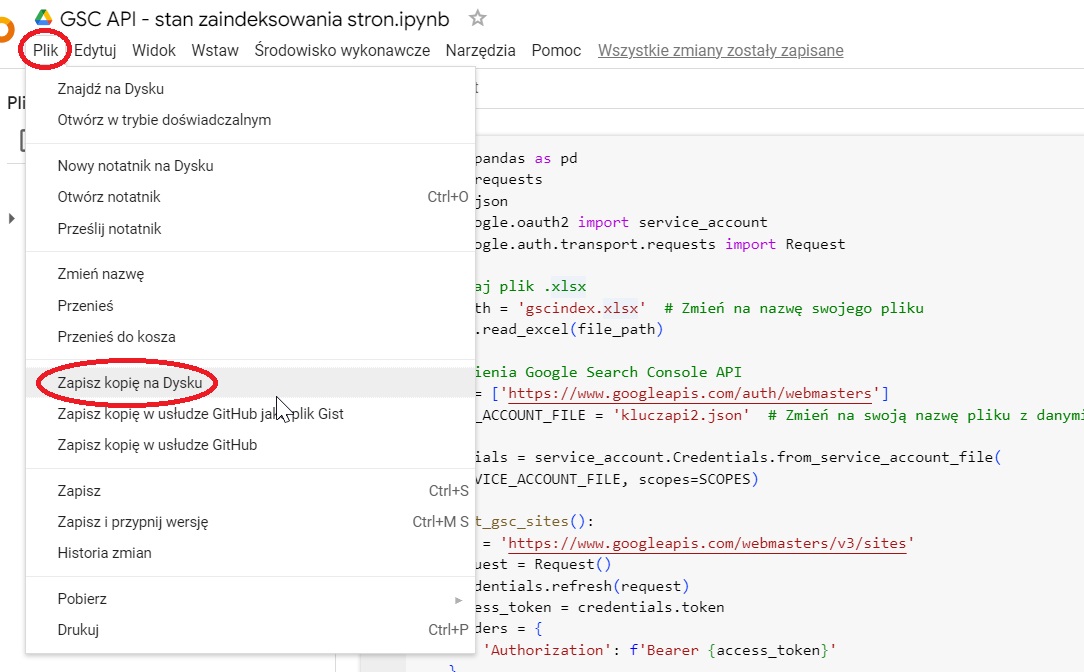 Skrypt do sprawdzania stanu indeksu przez GSC API
