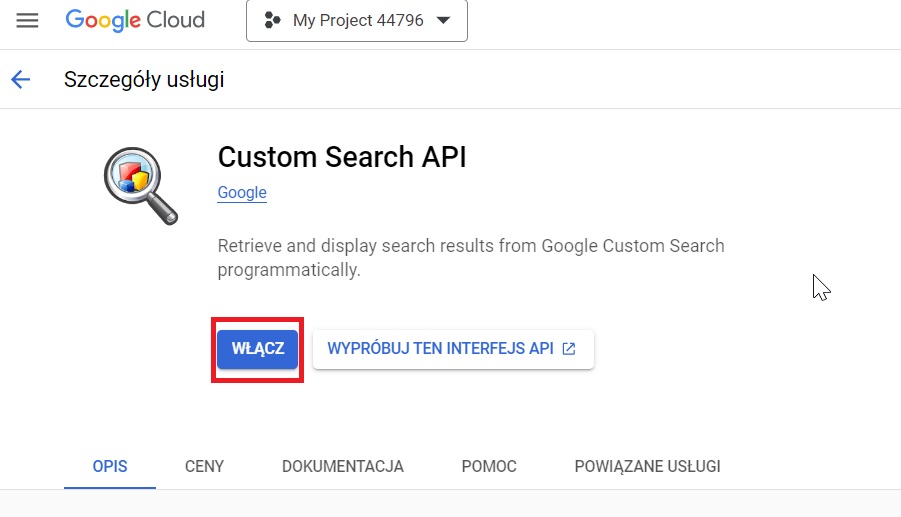 Włączanie Custom Search JSON API w Google Cloud Console