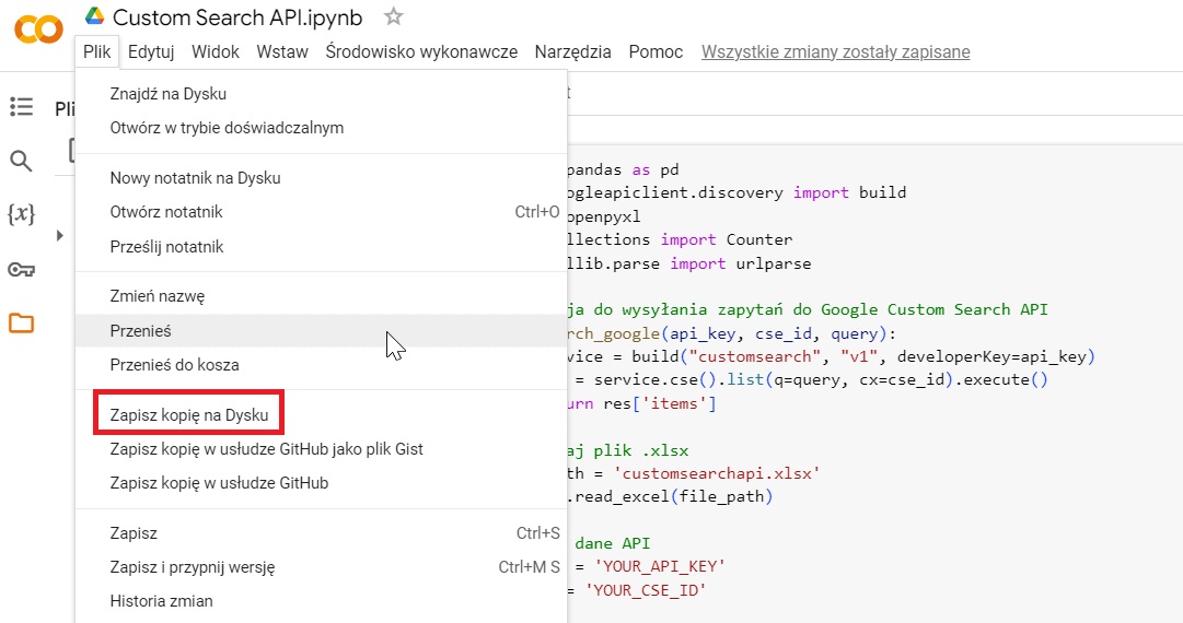 Kopiowanie skryptu Custom Search API w Google Colab