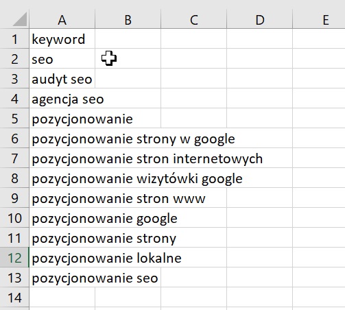 Plik Excel ze słowami kluczowymi do Custom Search API