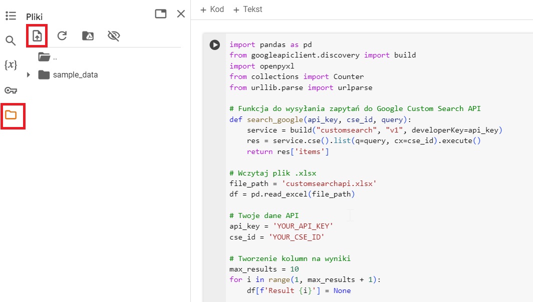 Wczytywanie pliku ze słowami kluczowymi w Google Colab