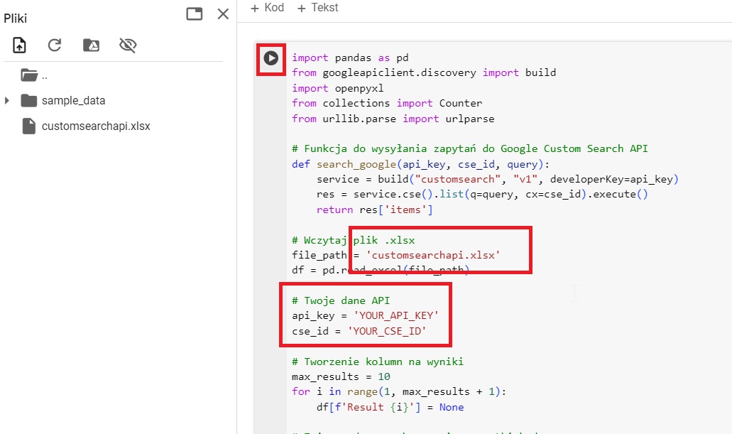 Konfiguracja klucza API i Search Engine ID w skrypcie Custom Search API