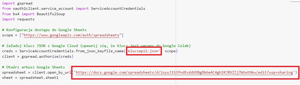 Konfiguracja skryptu Python do Google Sheets API z autoryzacją Service Account