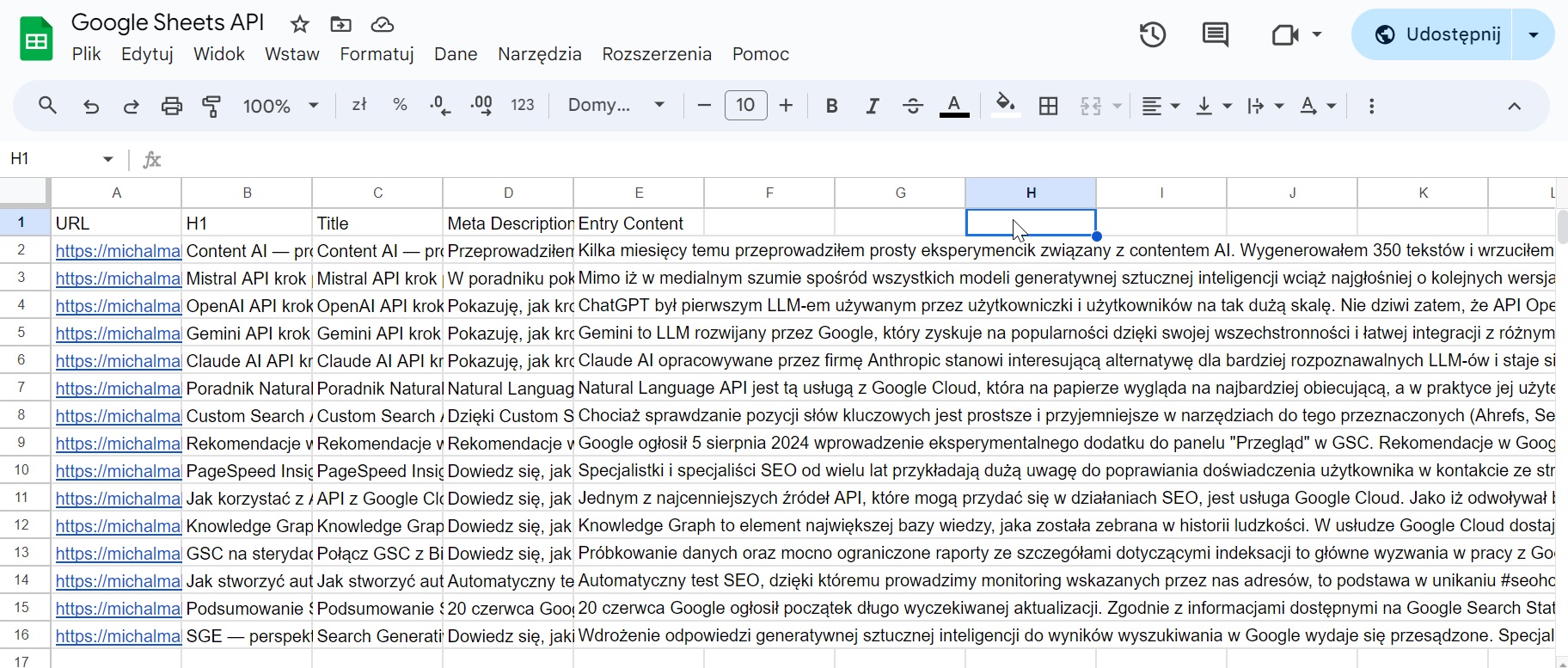 Wyniki scrapowania zapisane w Google Sheets przez API