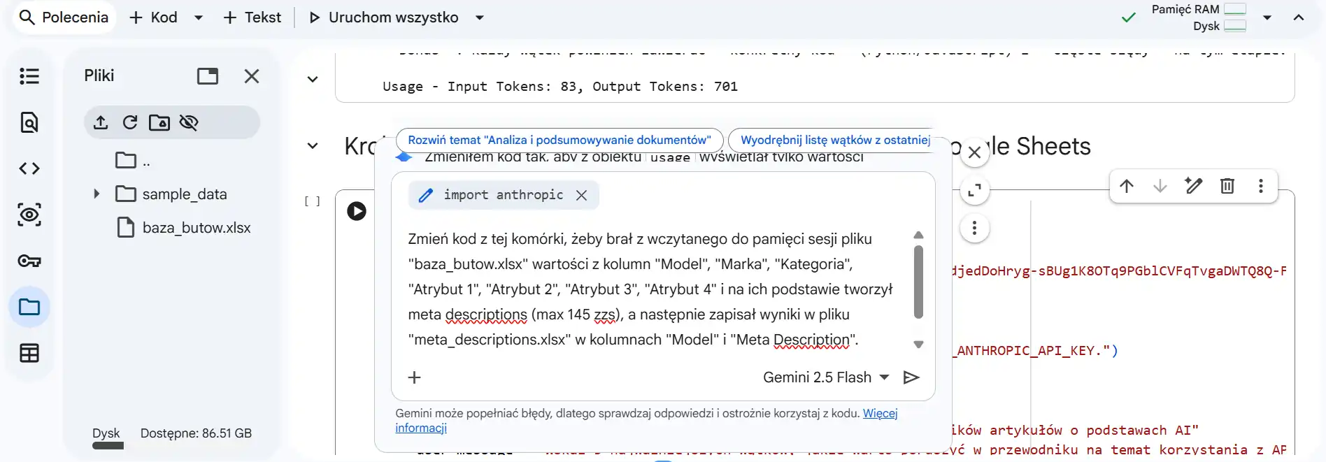kod do wysylania zapytan z pliku excel do claude api