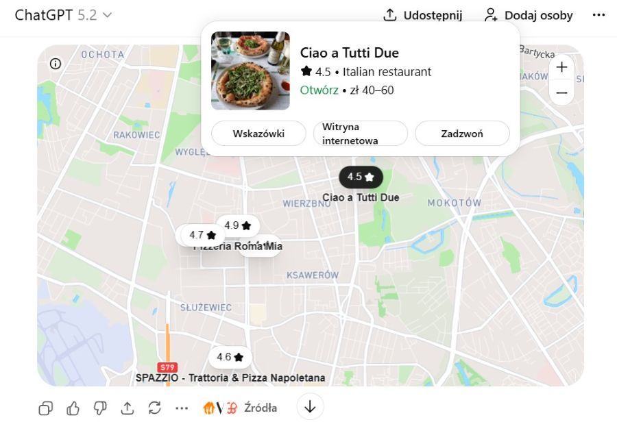 Tak wygląda Local Knowledge Panel w ChatGPT