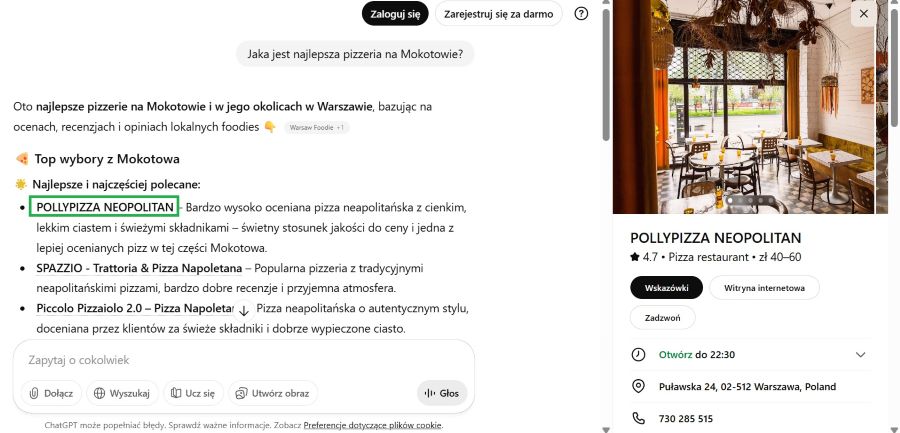 Tak wygląda Local Knowledge Panel w ChatGPT