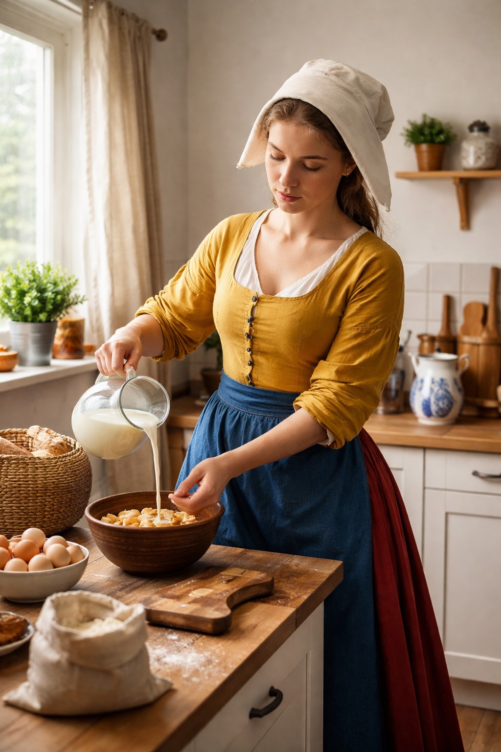 GPT-Image-1.5 dla promptu "Zrób współczesne zdjęcie na podstawie mleczarki Vermeera"