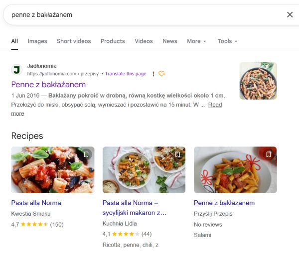 SERP kulinarny ze snippetem "Recipes"