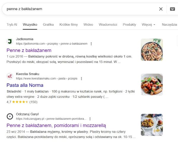 Przepis kulinarny w SERP-ach Google