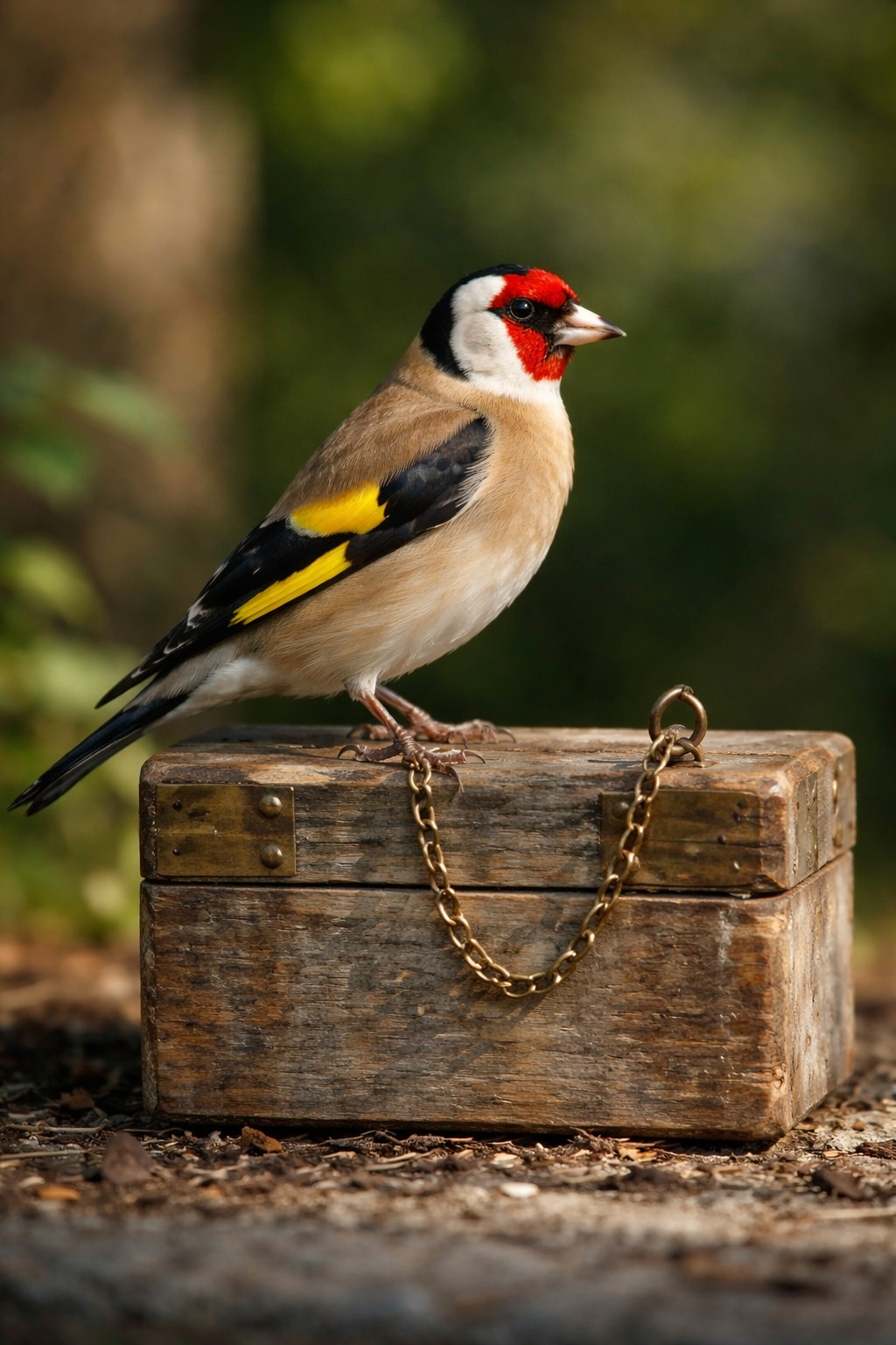 GPT-Image-1.5 dla promptu "Zrób współczesne fotorealistyczne zdjęcie na podstawie Szczygła Carela Fabritiusa, tyle że na świeżym powietrzu (ale również z łańcuszkiem)"