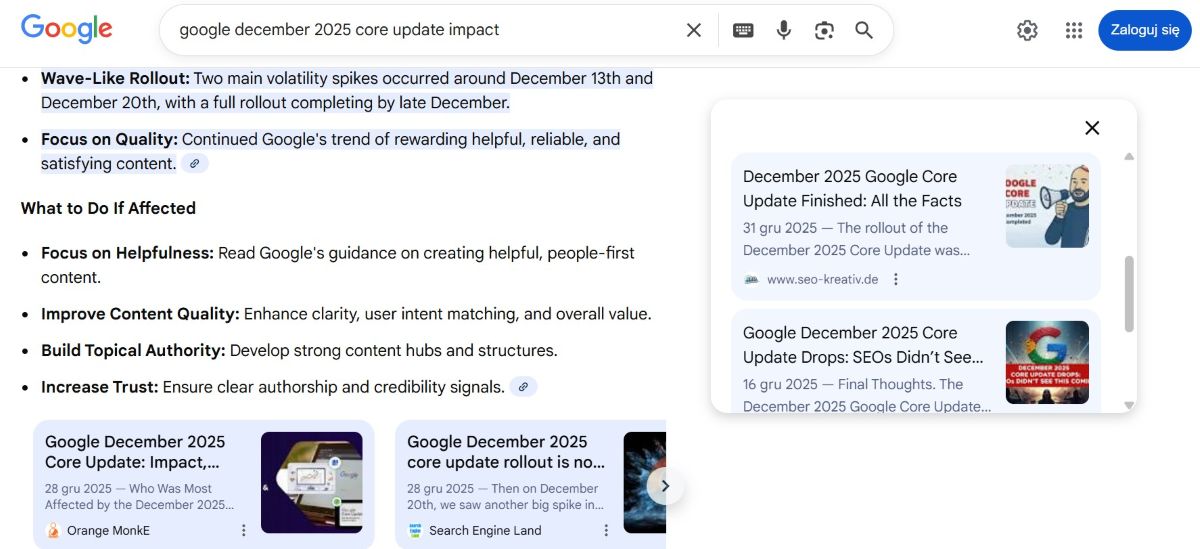 AI slop w podsumowaniach Core Updates - AI Overviews dla zapytań anglojęzycznych