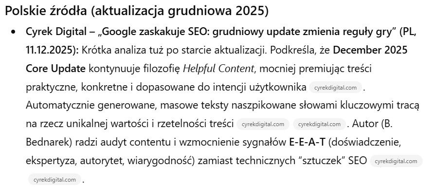 AI slop w podsumowaniach Core Updates - źródła dla ChataGPT