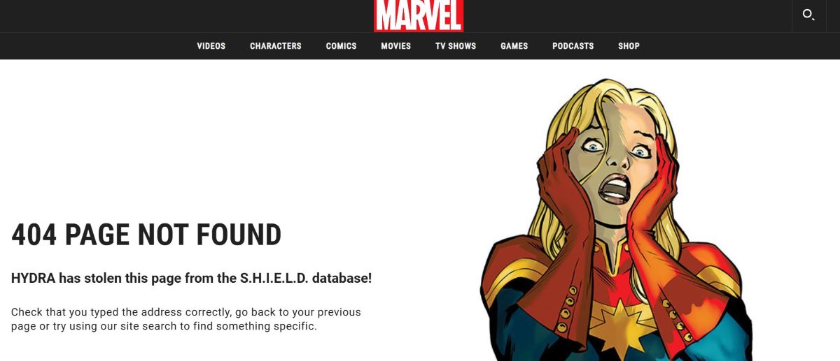 Przykład podstrony 404 - Marvel