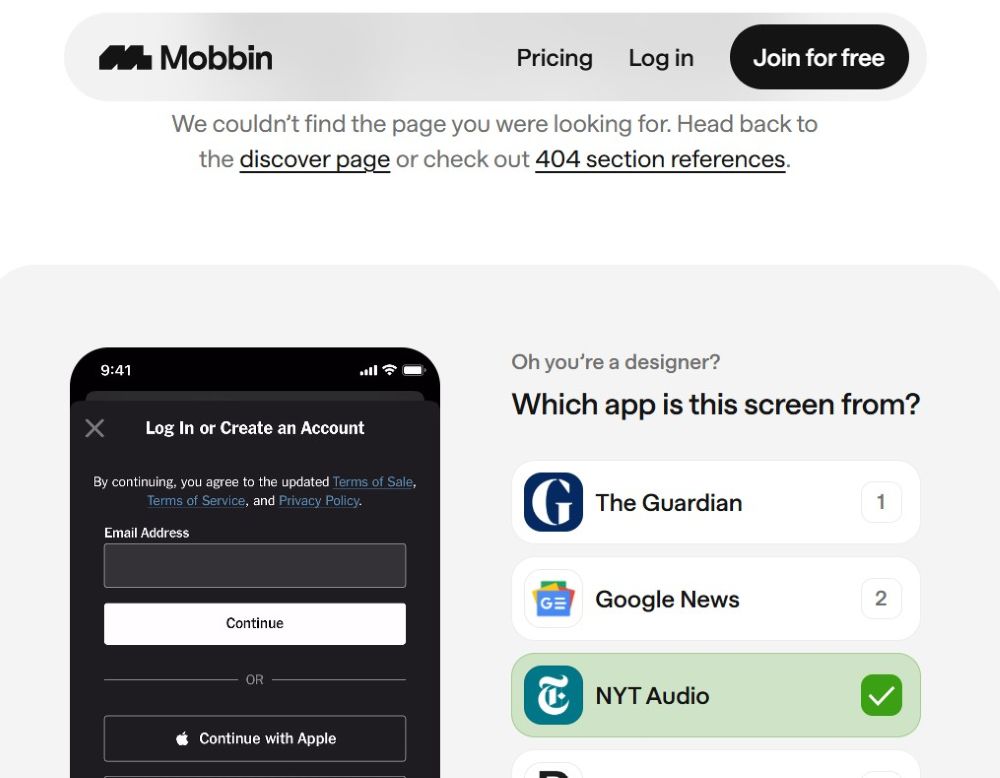 Przykład podstrony 404 - Mobbin