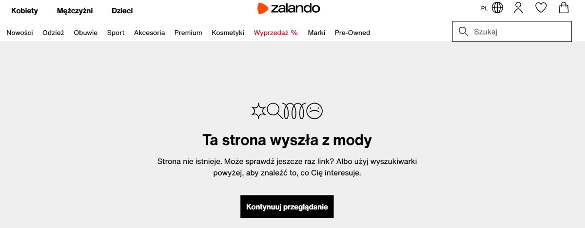 Przykład podstrony 404 - Zalando