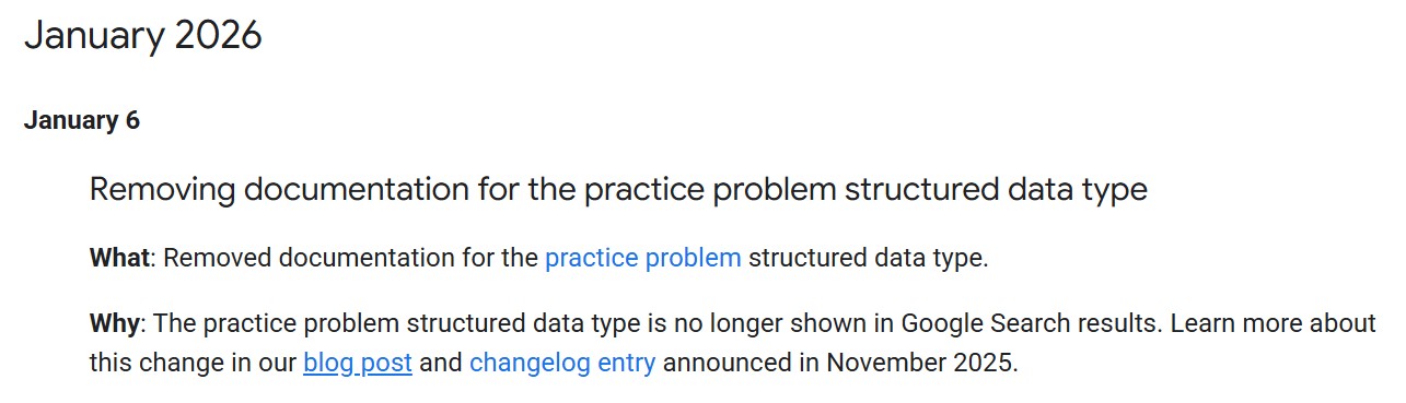 Google usuwa "practice problems" structured data