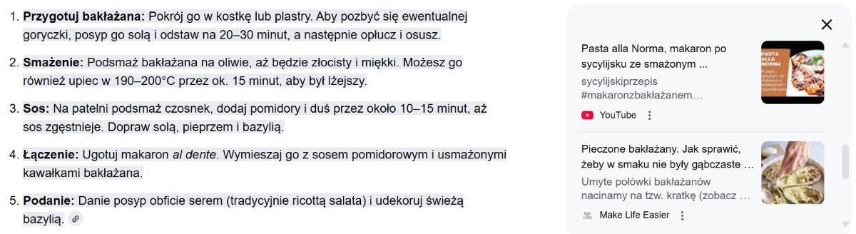 Przepis kulinarny w AI Mode - ocena instrukcji